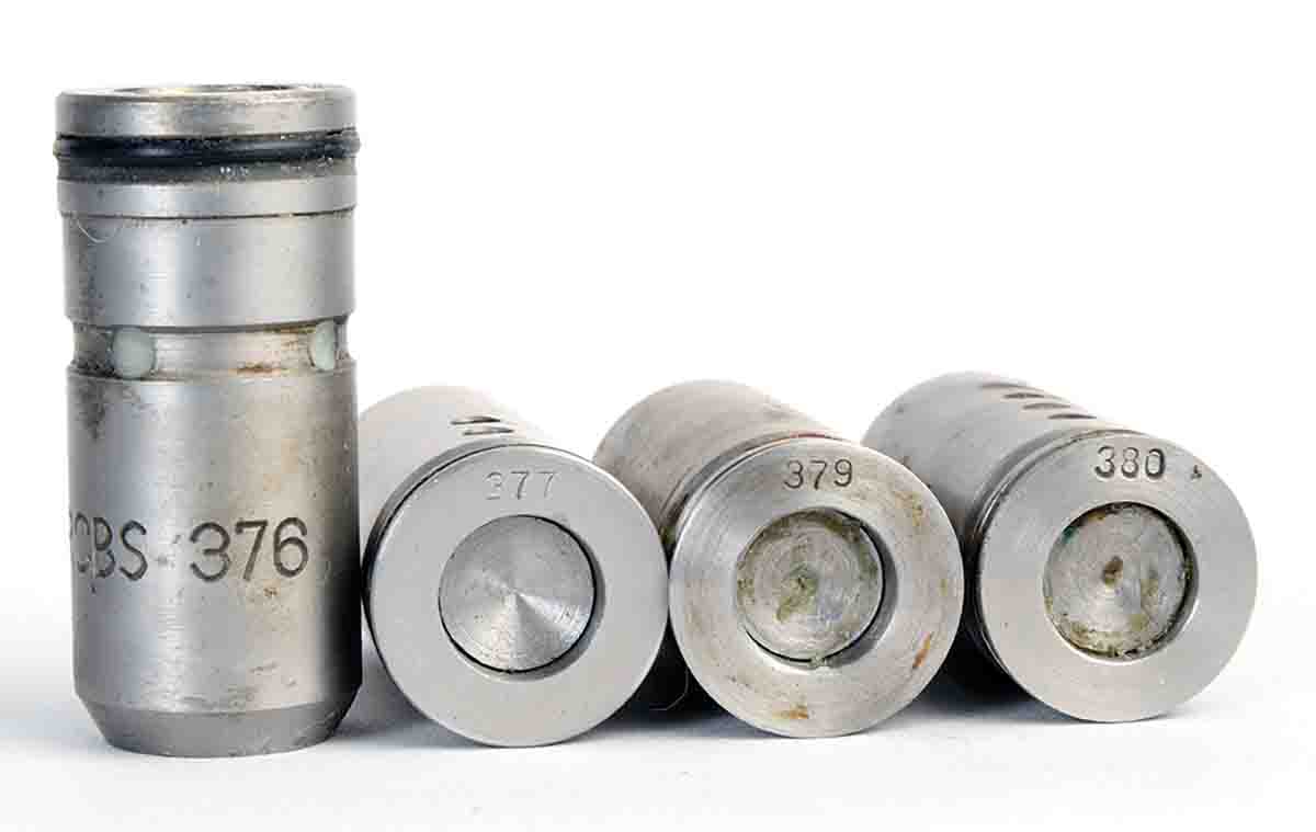 Cast bullet lube/sizing dies are available in many dimensions. These range from .376 to .380 inch in .001-inch increments.